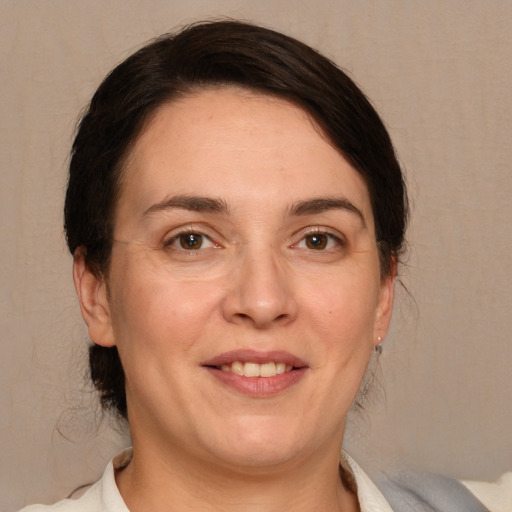 Joyful white adult female with medium  brown hair and brown eyes