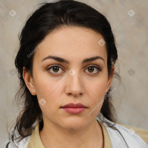 Neutral white young-adult female with medium  brown hair and brown eyes