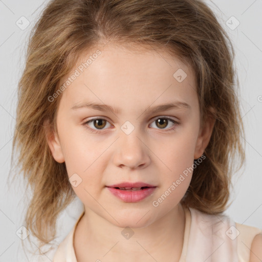 Joyful white child female with medium  brown hair and brown eyes