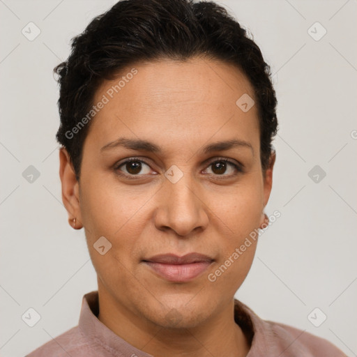 Joyful latino adult female with short  brown hair and brown eyes