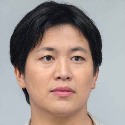 Neutral asian young-adult male with short  brown hair and brown eyes
