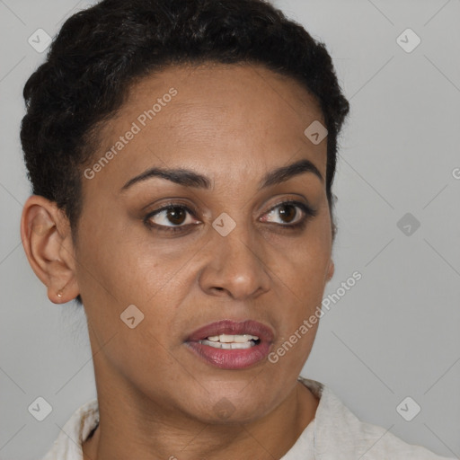 Joyful latino young-adult female with short  brown hair and brown eyes