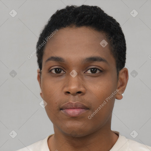 Neutral black young-adult male with short  black hair and brown eyes