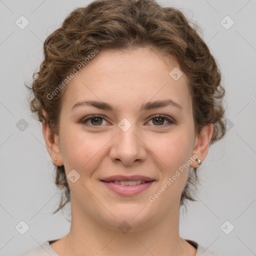 Joyful white young-adult female with medium  brown hair and green eyes