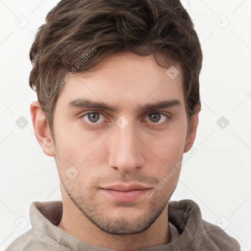 Neutral white young-adult male with short  brown hair and grey eyes