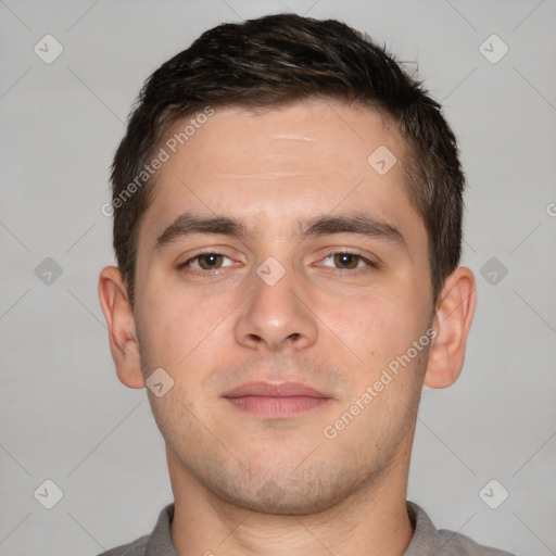 Neutral white young-adult male with short  brown hair and brown eyes