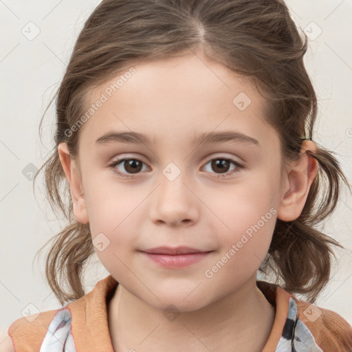 Joyful white child female with medium  brown hair and brown eyes