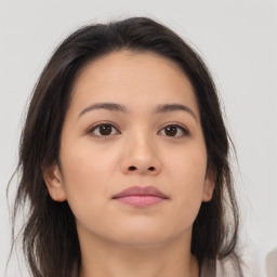 Neutral asian young-adult female with long  brown hair and brown eyes