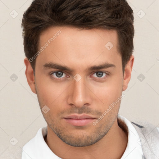 Neutral white young-adult male with short  brown hair and brown eyes