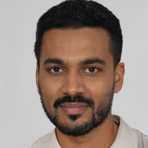 Neutral black young-adult male with short  black hair and brown eyes