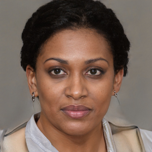 Joyful black adult female with short  black hair and brown eyes