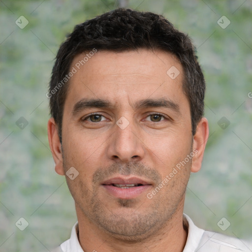 Neutral white adult male with short  black hair and brown eyes