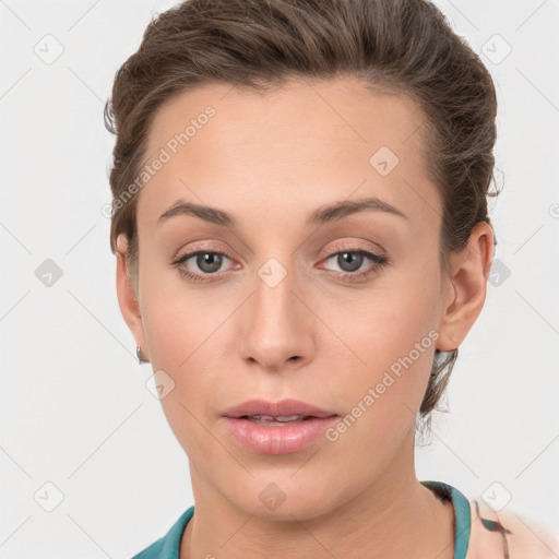 Neutral white young-adult female with short  brown hair and brown eyes