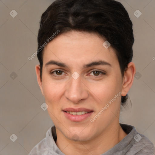 Joyful white young-adult female with short  brown hair and brown eyes