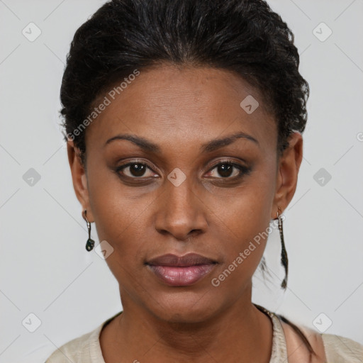 Neutral black young-adult female with short  brown hair and brown eyes