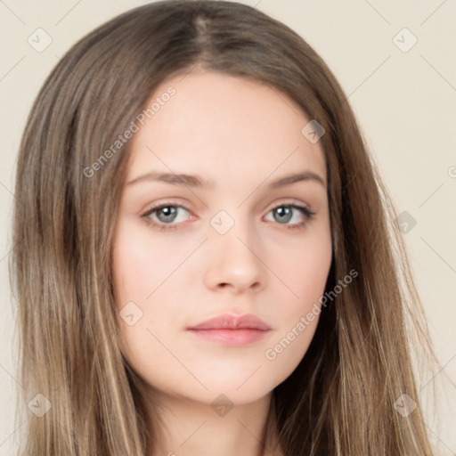 Neutral white young-adult female with long  brown hair and brown eyes