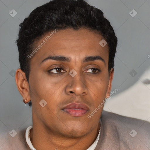 Neutral black young-adult female with short  brown hair and brown eyes
