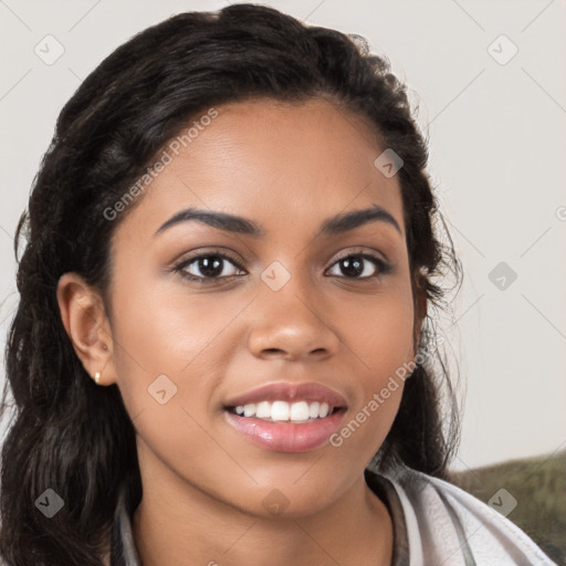 Joyful latino young-adult female with long  brown hair and brown eyes