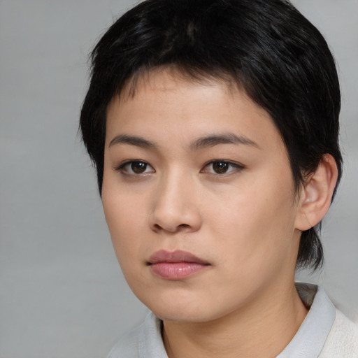Neutral white young-adult female with medium  brown hair and brown eyes