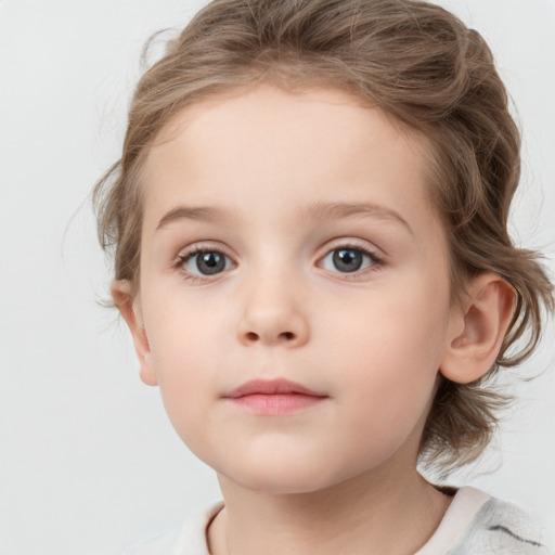 Neutral white child female with medium  brown hair and blue eyes