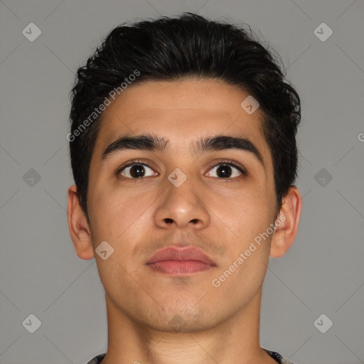 Neutral latino young-adult male with short  brown hair and brown eyes