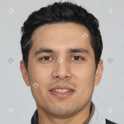 Joyful asian young-adult male with short  black hair and brown eyes