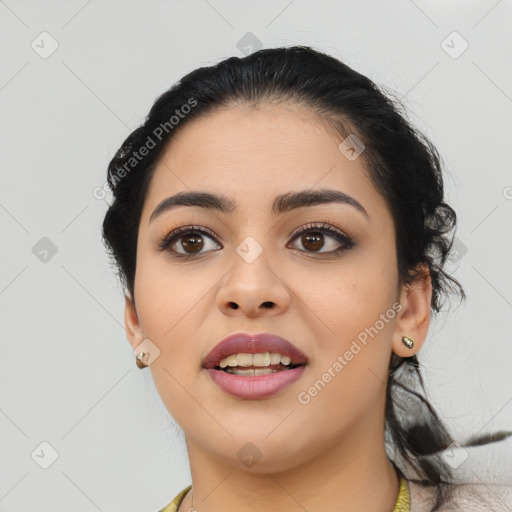 Joyful latino young-adult female with medium  black hair and brown eyes