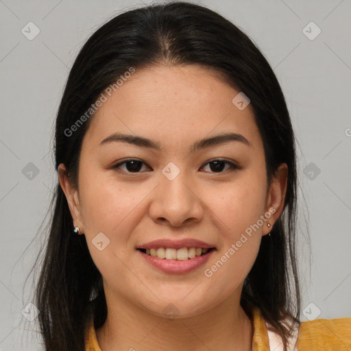 Joyful white young-adult female with long  brown hair and brown eyes