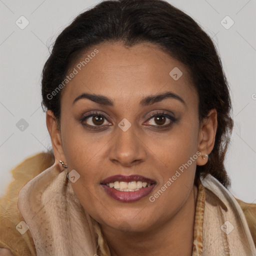 Joyful latino young-adult female with long  brown hair and brown eyes