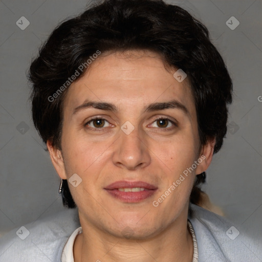 Joyful white adult female with short  brown hair and brown eyes