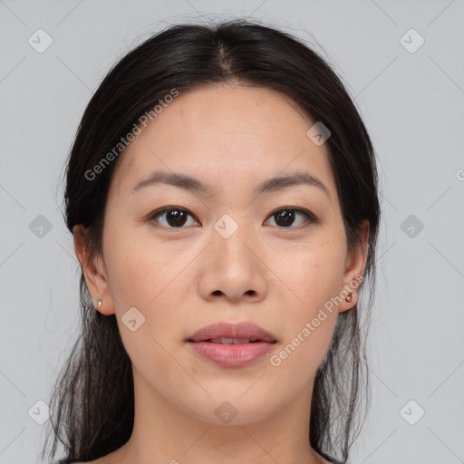 Joyful white young-adult female with medium  brown hair and brown eyes