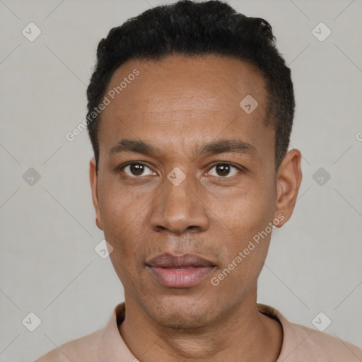 Neutral latino adult male with short  black hair and brown eyes