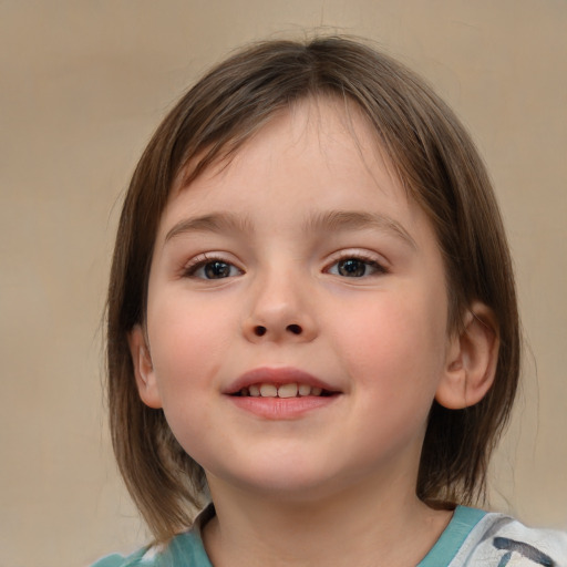 Joyful white child female with medium  brown hair and brown eyes