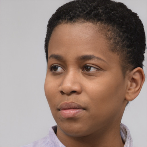 Neutral black young-adult female with short  black hair and brown eyes