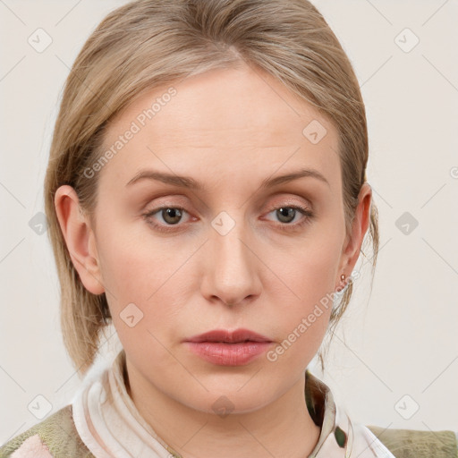 Neutral white young-adult female with medium  brown hair and blue eyes