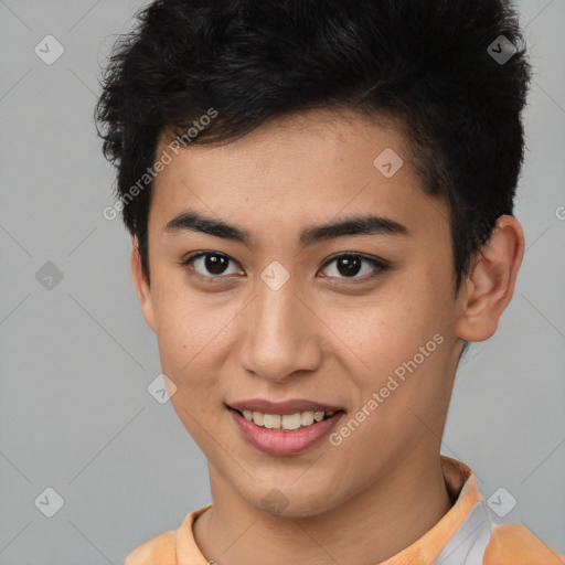 Joyful asian young-adult male with short  brown hair and brown eyes