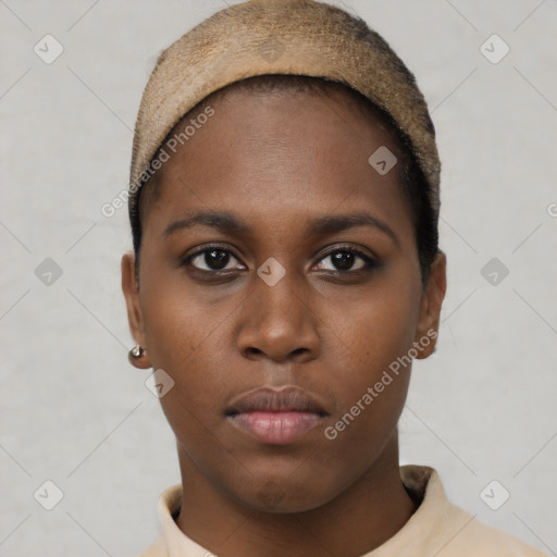 Neutral black young-adult female with short  brown hair and brown eyes