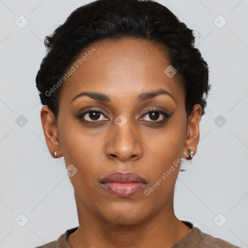 Neutral black young-adult female with short  black hair and brown eyes