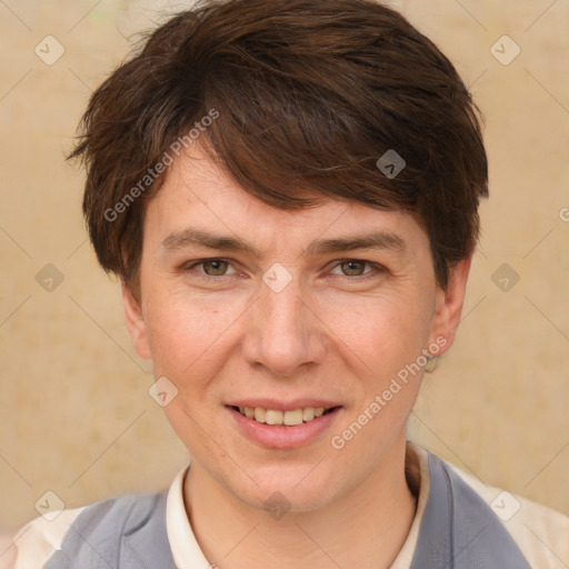 Joyful white adult female with short  brown hair and brown eyes