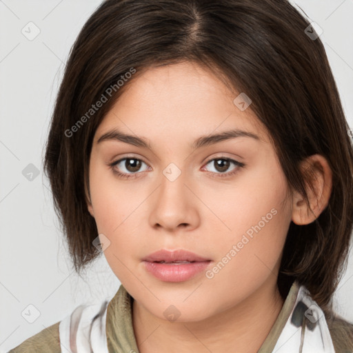 Neutral white young-adult female with medium  brown hair and brown eyes