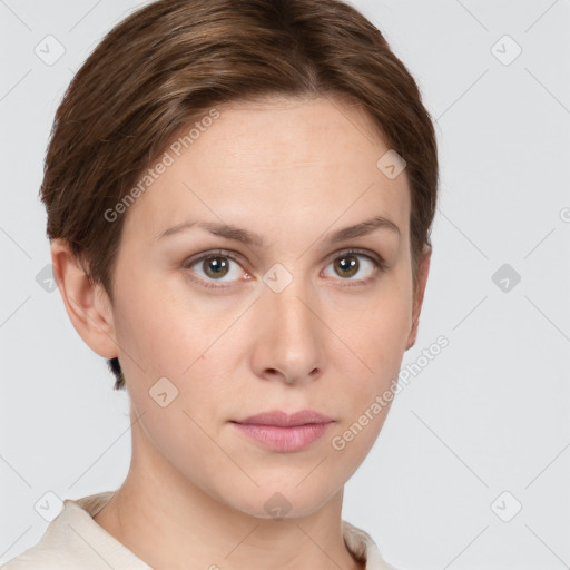 Neutral white young-adult female with short  brown hair and brown eyes