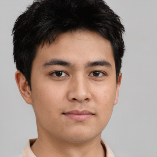 Neutral asian young-adult male with short  brown hair and brown eyes