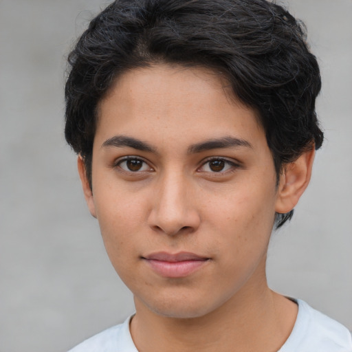 Neutral latino young-adult female with short  brown hair and brown eyes