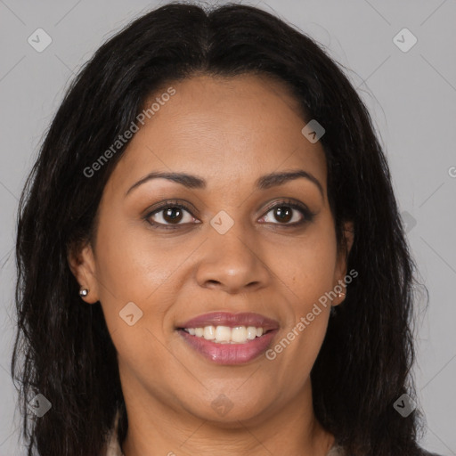 Joyful latino young-adult female with long  brown hair and brown eyes