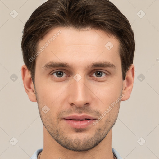 Neutral white young-adult male with short  brown hair and brown eyes