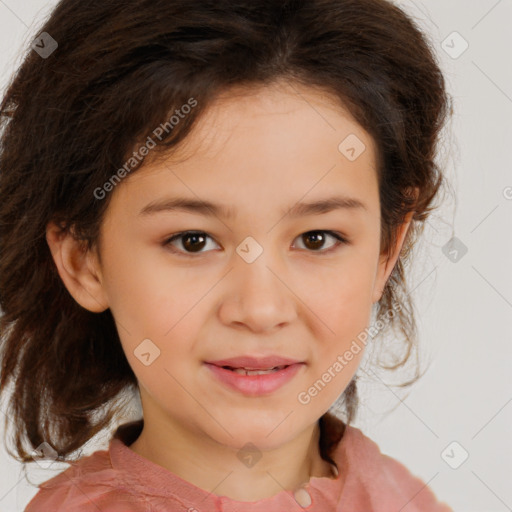 Joyful white child female with medium  brown hair and brown eyes