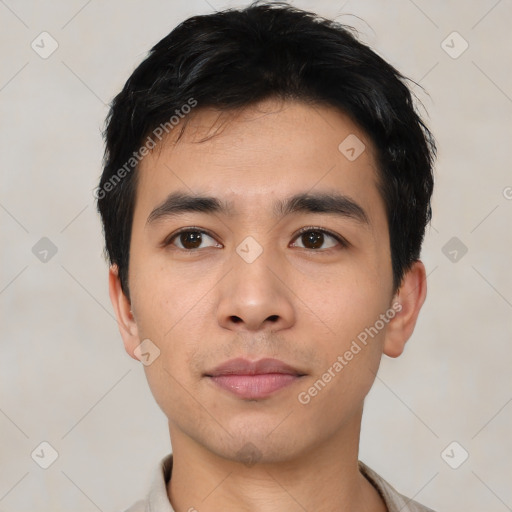 Neutral asian young-adult male with short  black hair and brown eyes