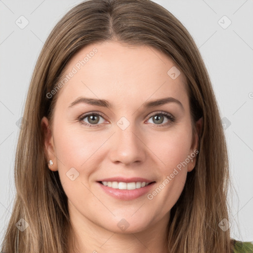 Joyful white young-adult female with long  brown hair and grey eyes