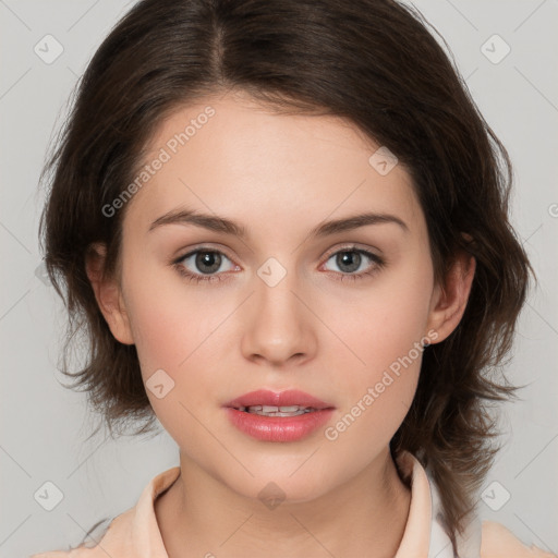 Neutral white young-adult female with medium  brown hair and brown eyes