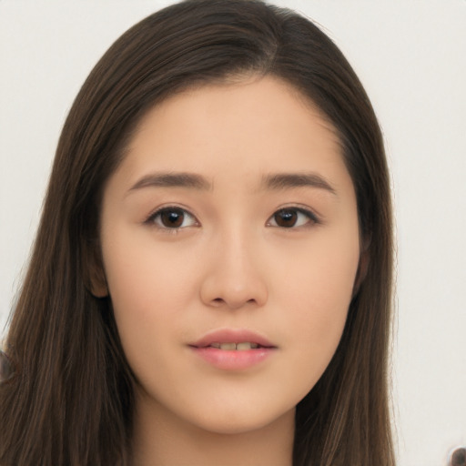 Neutral asian young-adult female with long  brown hair and brown eyes